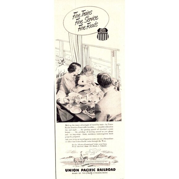 1952 Union Pacific Railroad Vintage Print Ad Family Dining Car Girl 50s Wall Art - Picture 1 of 3